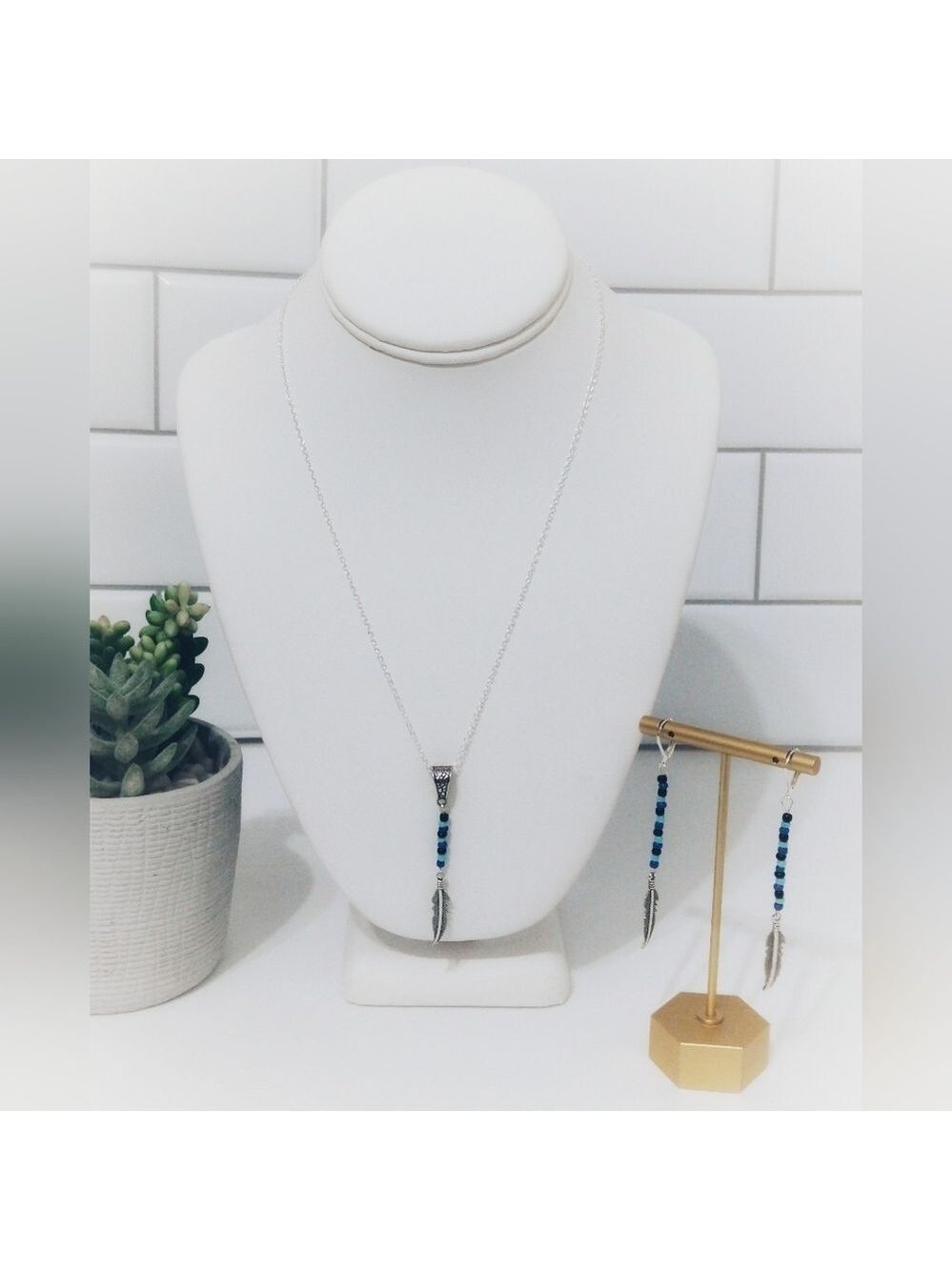 Seed Bead Boho Blue Pendant Necklace Earrings Set